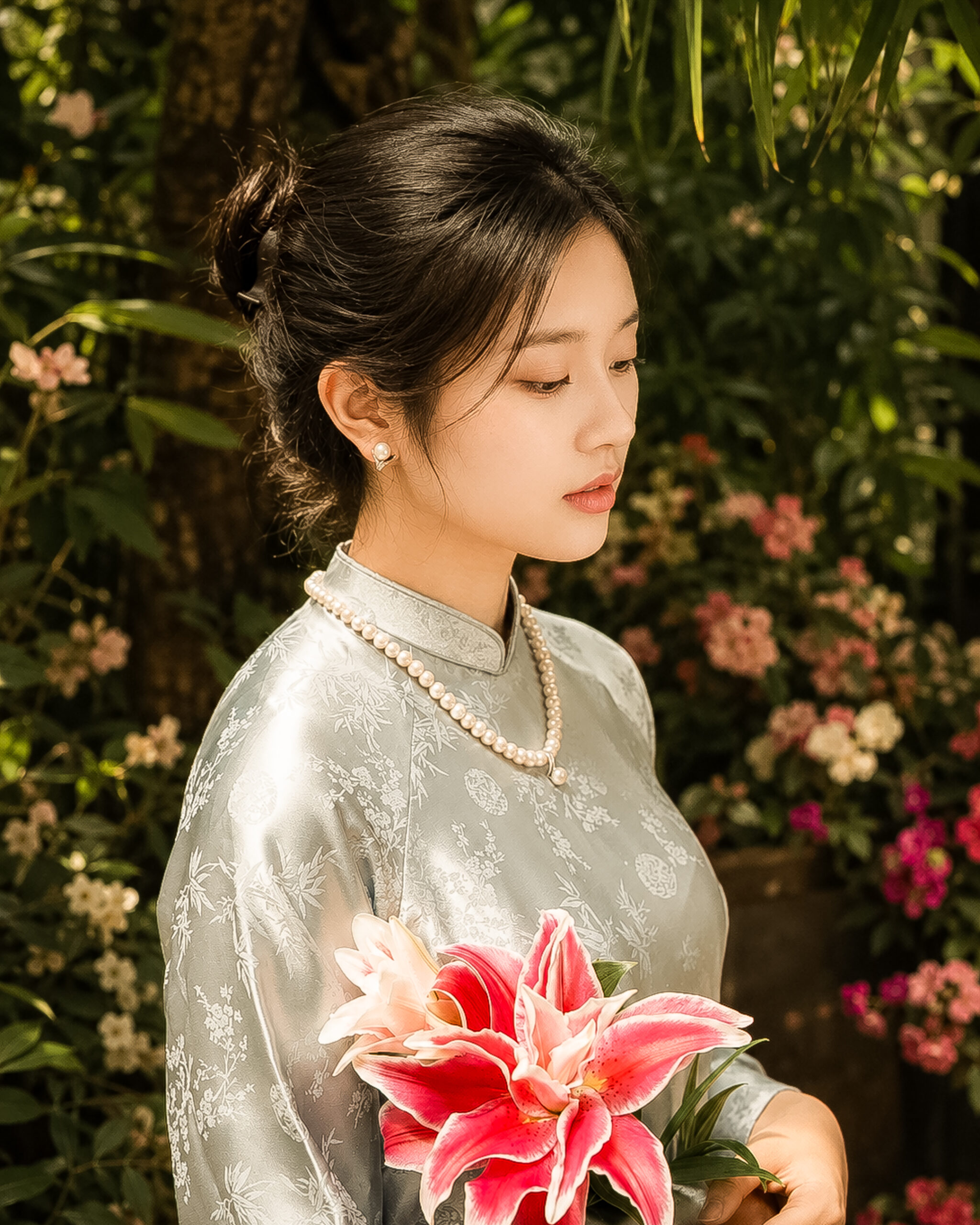 Model wearing pearl jewelry