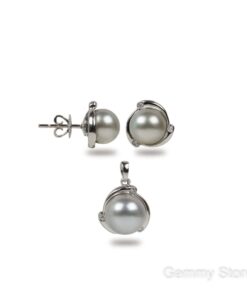 Bộ sản phẩm vàng trắng gắn ngọc trai tahiti màu ghi sáng và moissanite WS0768.0346.74