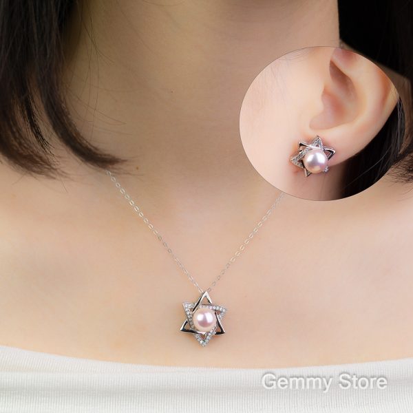 Bộ trang sức bạc dây chuyền, bông tai gắn ngọc trai nước ngọt hồng ánh bóng đẹp | Gemmy Store