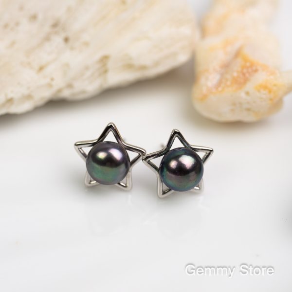 bông tai bạc đính ngọc trai xanh đen dạng ngôi sao | Gemmy Store