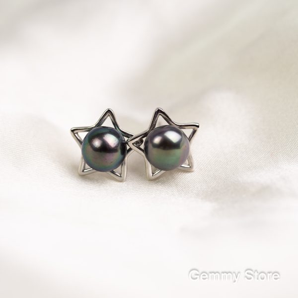 bông tai bạc đính ngọc trai xanh đen dạng ngôi sao | Gemmy Store