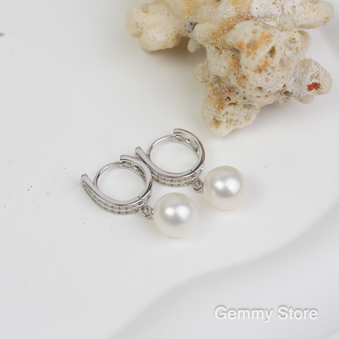 Bông tai bạc đính đá kết hợp ngọc trai tròn 9.5mm T23.203 | Gemmy Store
