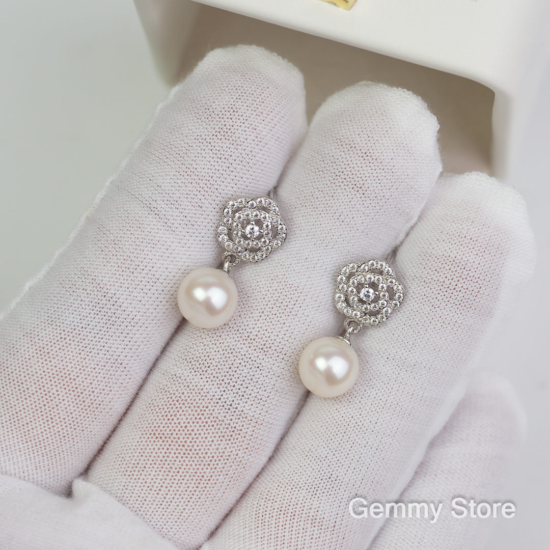 Bông tai bạc mặt hoa kết hợp ngọc trai tròn 8.1mm T23.204 | Gemmy Store