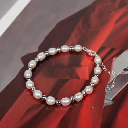 Vòng tay ngọc trai hạt gạo kết hợp bi bạc BC1007