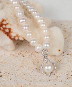 Pearl necklace with silver pendant and stone border NP1012