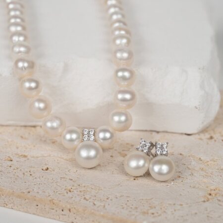 Bộ trang sức ngọc trai gồm vòng cổ và bông tai nụ đá cánh hoa NP1025SE