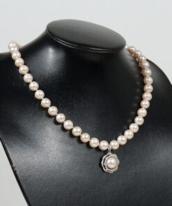 Pearl Necklace with Two-Layer Sparkling Stone Border Pearl Pendant NP1035