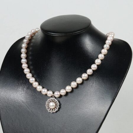 Pearl Necklace with Pearl Pendant and Sparkling Stone Border NP1034
