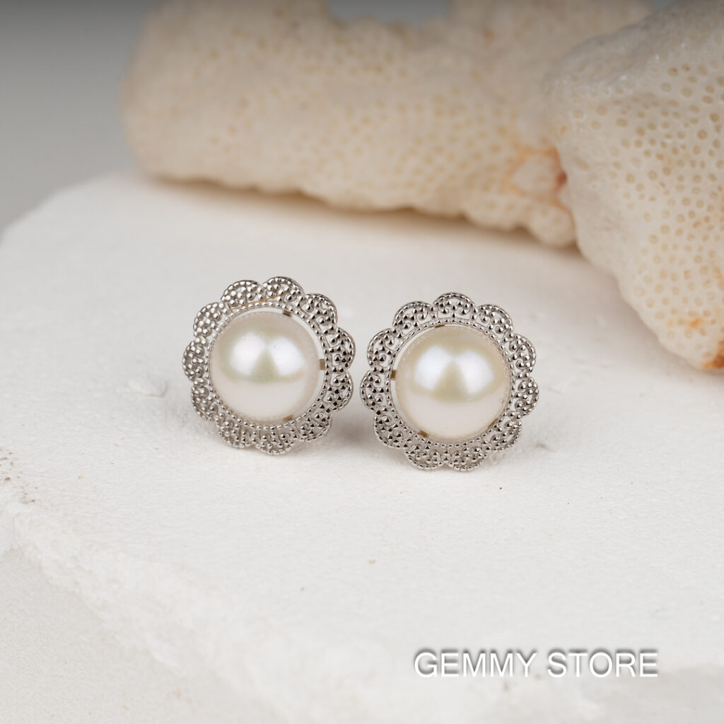 White Pearl Earrings with Silver Border 9-9.5mm SE1035 - Image 2
