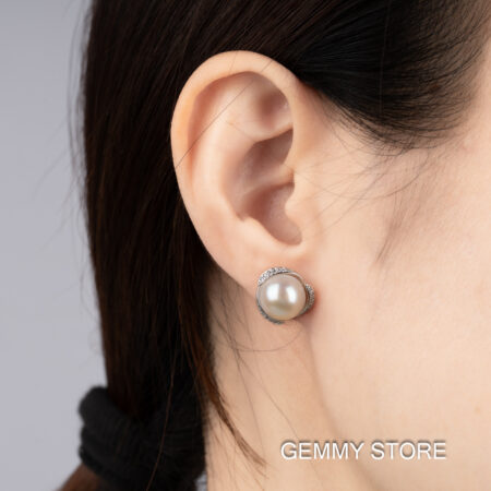 Bông Tai Nụ Ngọc Trai Trắng Viền Bạc 9-9.5 ly