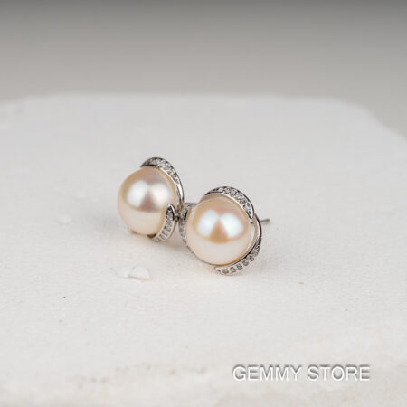 Bông Tai Nụ Ngọc Trai Trắng Viền Bạc 9-9.5 ly