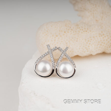 Bông Tai Nụ Ngọc Trai Trắng Viền Bạc Đính Đá 8-8.5 ly SE1031