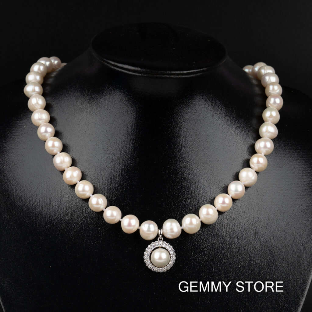 White Pearl Necklace With Pearl Pendant And Stone Border NP1040 - Image 3
