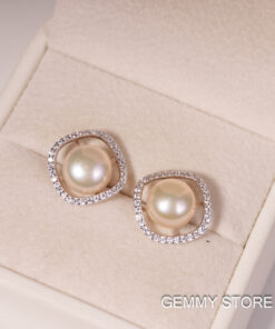 Bông Tai Ngọc Trai Hồng Kem Viền Đá 8-8.5 ly SE1048