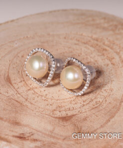 Bông Tai Ngọc Trai Hồng Kem Viền Đá 8-8.5 ly SE1048