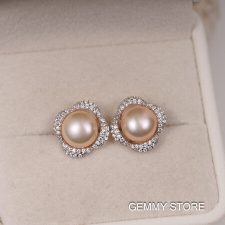 Bông Tai Ngọc Trai Hồng Viền Bạc Hoa 8-8.5 ly SE1046