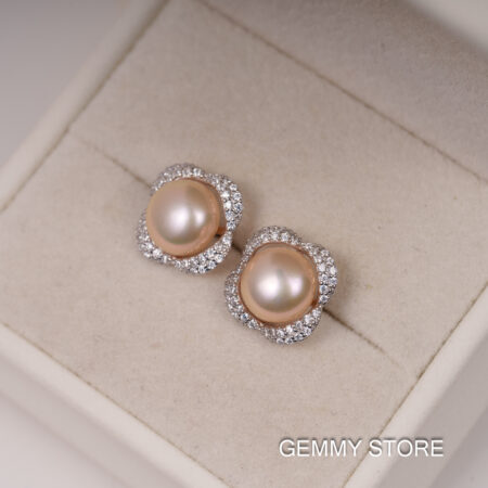 Bông Tai Ngọc Trai Hồng Viền Bạc Hoa 8-8.5 ly SE1046