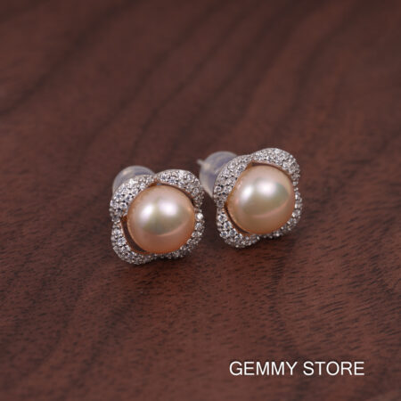 Bông Tai Ngọc Trai Hồng Viền Bạc Hoa 8-8.5 ly SE1046