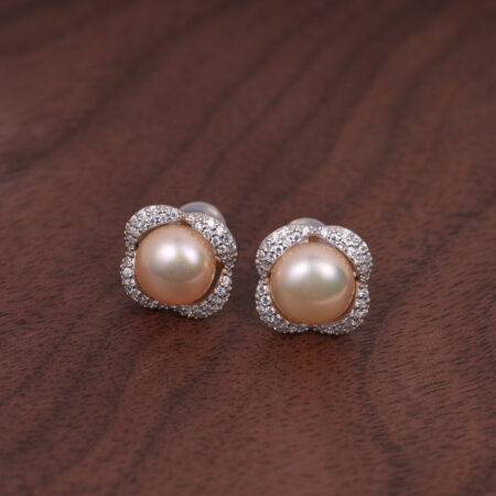 Bông Tai Ngọc Trai Hồng Viền Bạc Hoa 8-8.5 ly SE1046