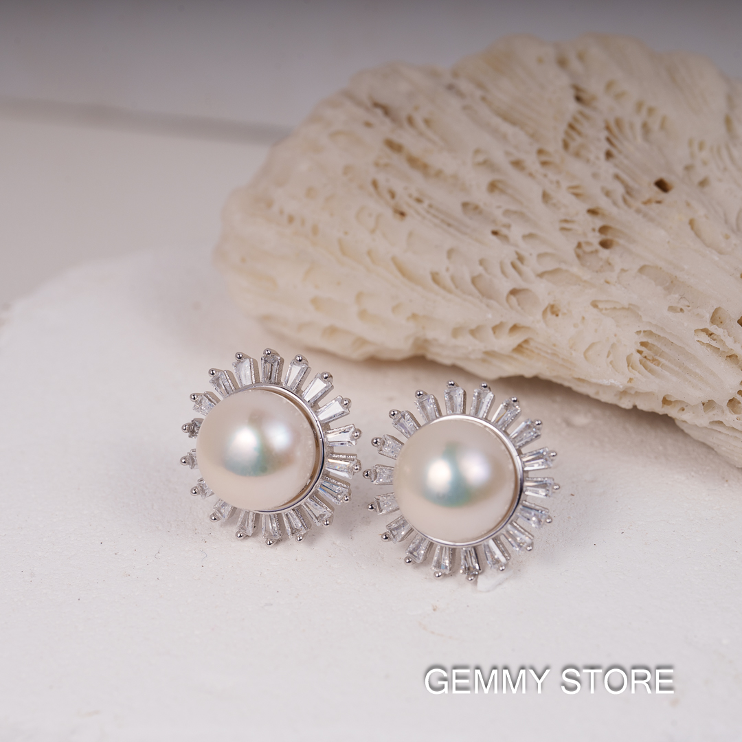 Bông Tai Ngọc Trai Trắng To Viền Đá 10-11 ly SE1043