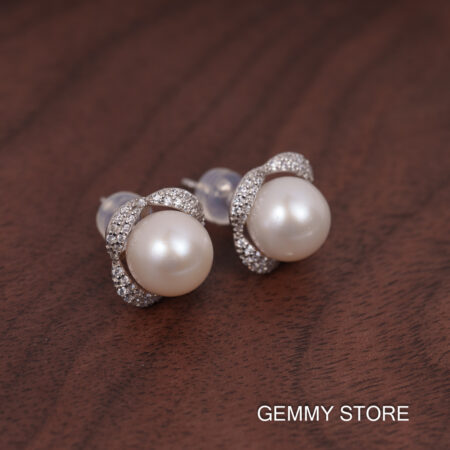 Bông Tai Ngọc Trai Trắng Tròn Viền Bạc Hoa 8-8.5 ly SE1047