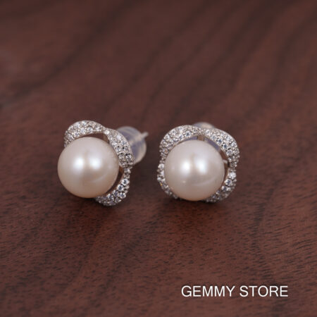 Bông Tai Ngọc Trai Trắng Tròn Viền Bạc Hoa 8-8.5 ly SE1047