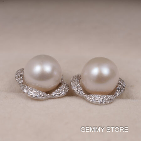 Bông Tai Ngọc Trai Trắng Tròn Viền Bạc Hoa 8-8.5 ly SE1047