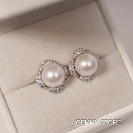 Bông Tai Ngọc Trai Trắng Tròn Viền Bạc Hoa 8-8.5 ly SE1047