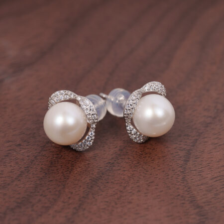 Bông Tai Ngọc Trai Trắng Tròn Viền Bạc Hoa 8-8.5 ly SE1047