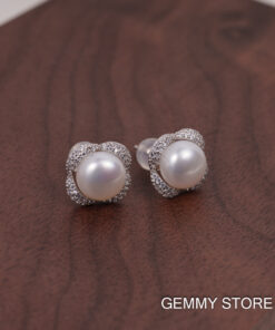 Bông Tai Ngọc Trai Trắng Viền Bạc Hoa 8-8.5 ly SE1045