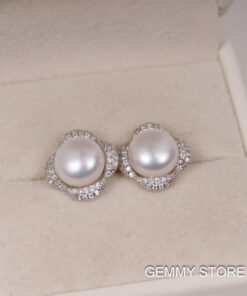 Bông Tai Ngọc Trai Trắng Viền Bạc Hoa 8-8.5 ly SE1045