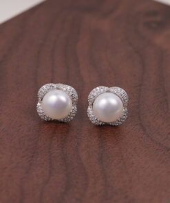 Bông Tai Ngọc Trai Trắng Viền Bạc Hoa 8-8.5 ly SE1045