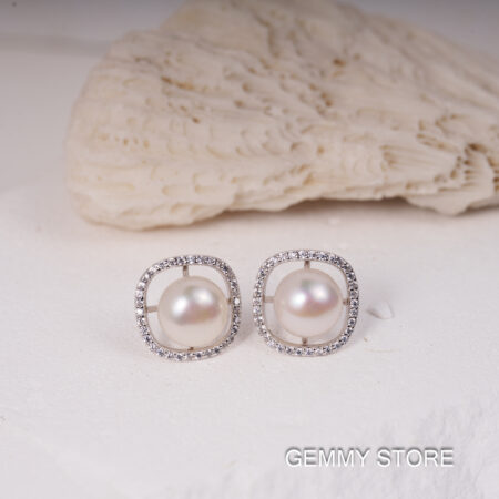 Bông Tai Ngọc Trai Trắng Viền Đá 8-8.5 ly SE1049