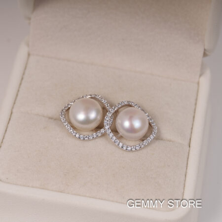 Bông Tai Ngọc Trai Trắng Viền Đá 8-8.5 ly SE1049