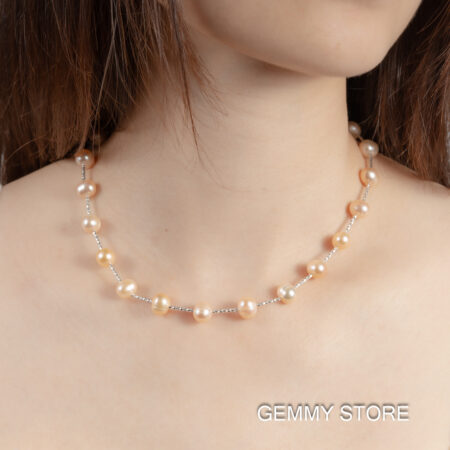 Vòng Ngọc Trai Hồng Cách Hạt Kết Hợp Bạc S925 8.5 Ly NE1043