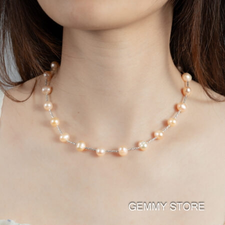 Vòng Ngọc Trai Hồng Cách Hạt Kết Hợp Bạc S925 8.5 Ly NE1043