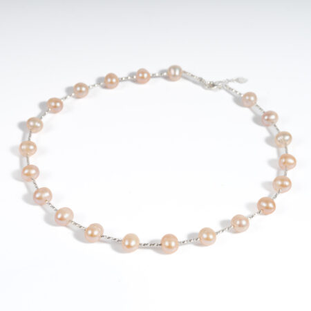 Vòng Ngọc Trai Hồng Cách Hạt Kết Hợp Bạc S925 8.5 Ly NE1043