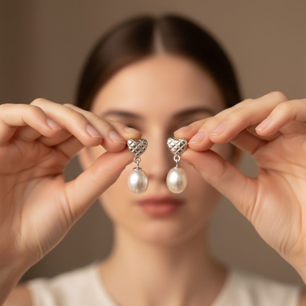 Silver Heart Pearl Drop Earrings DE1016 - Image 3