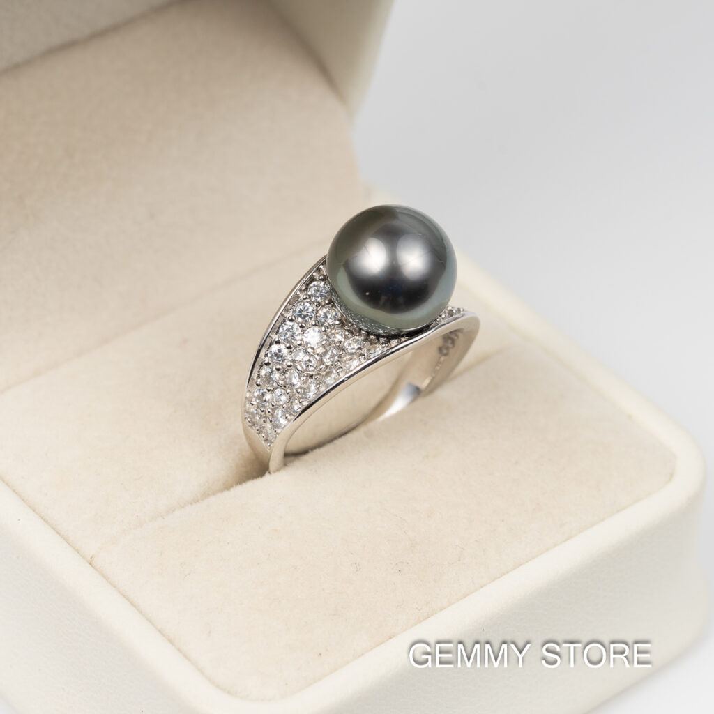 Round Black Tahitian Pearl Ring S925 10.5mm SR1017 - Image 5