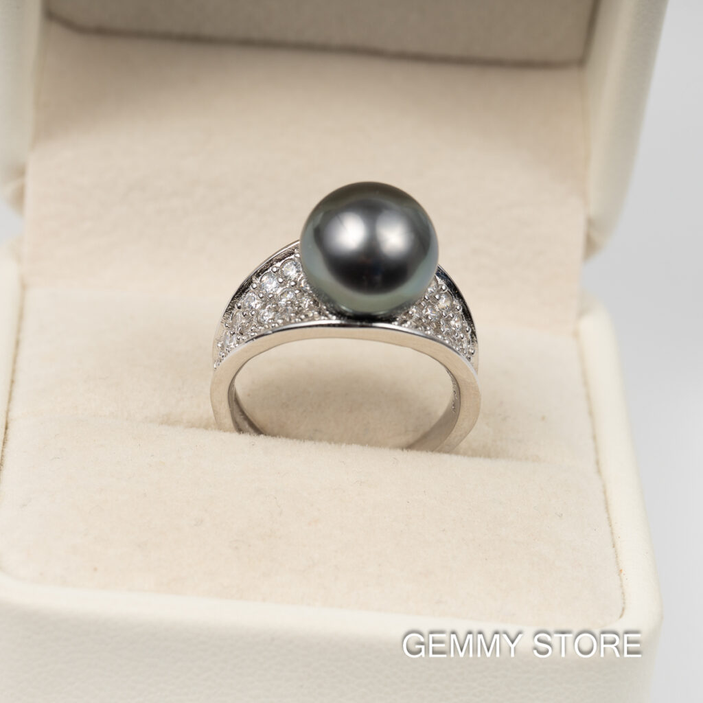 Round Black Tahitian Pearl Ring S925 10.5mm SR1017 - Image 6