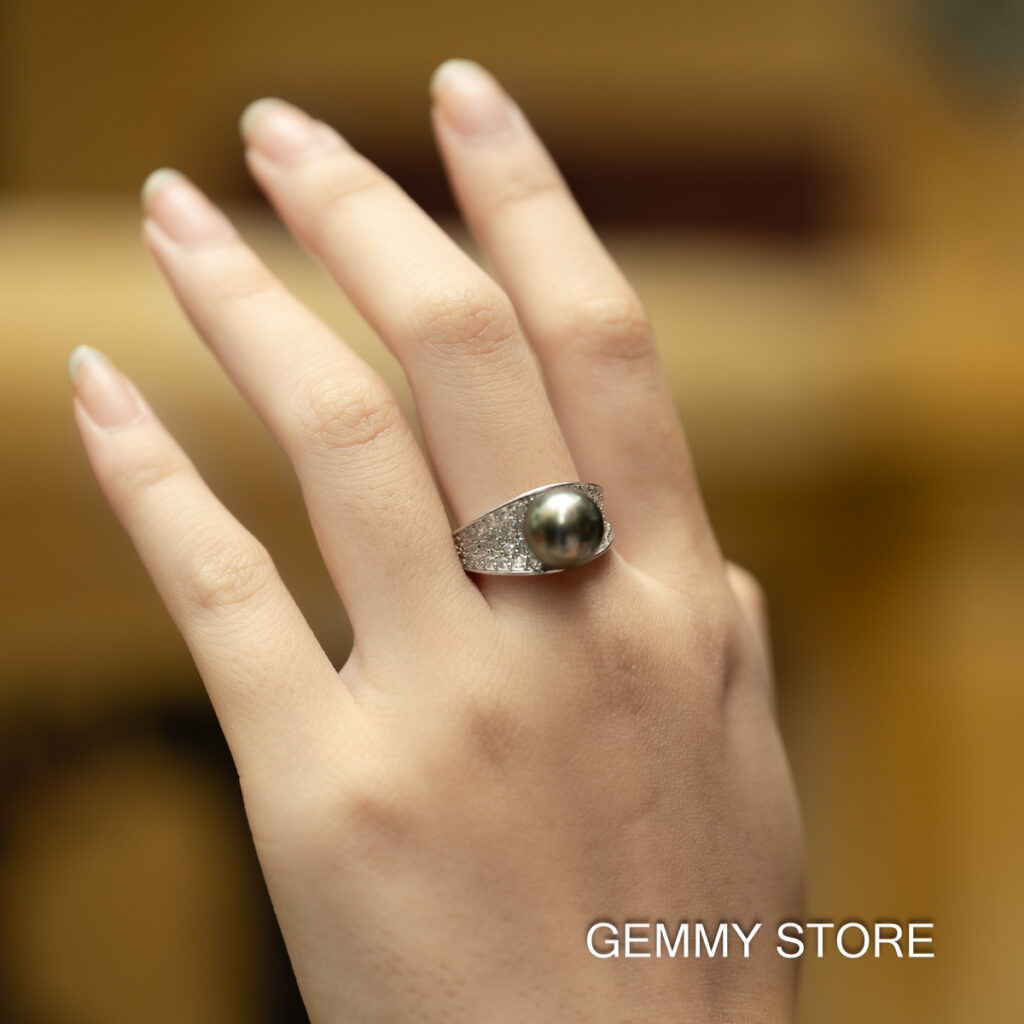 Round Black Tahitian Pearl Ring S925 10.5mm SR1017 - Image 3