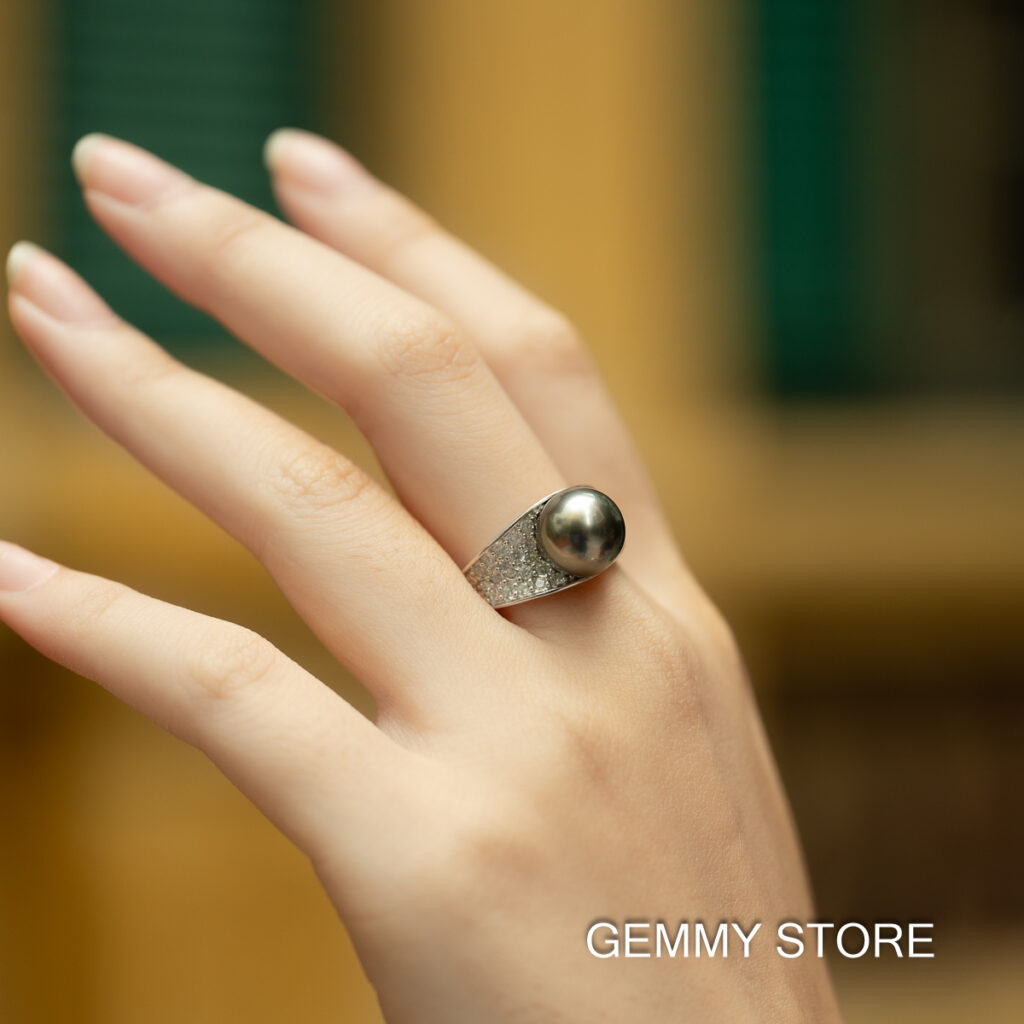 Round Black Tahitian Pearl Ring S925 10.5mm SR1017 - Image 4