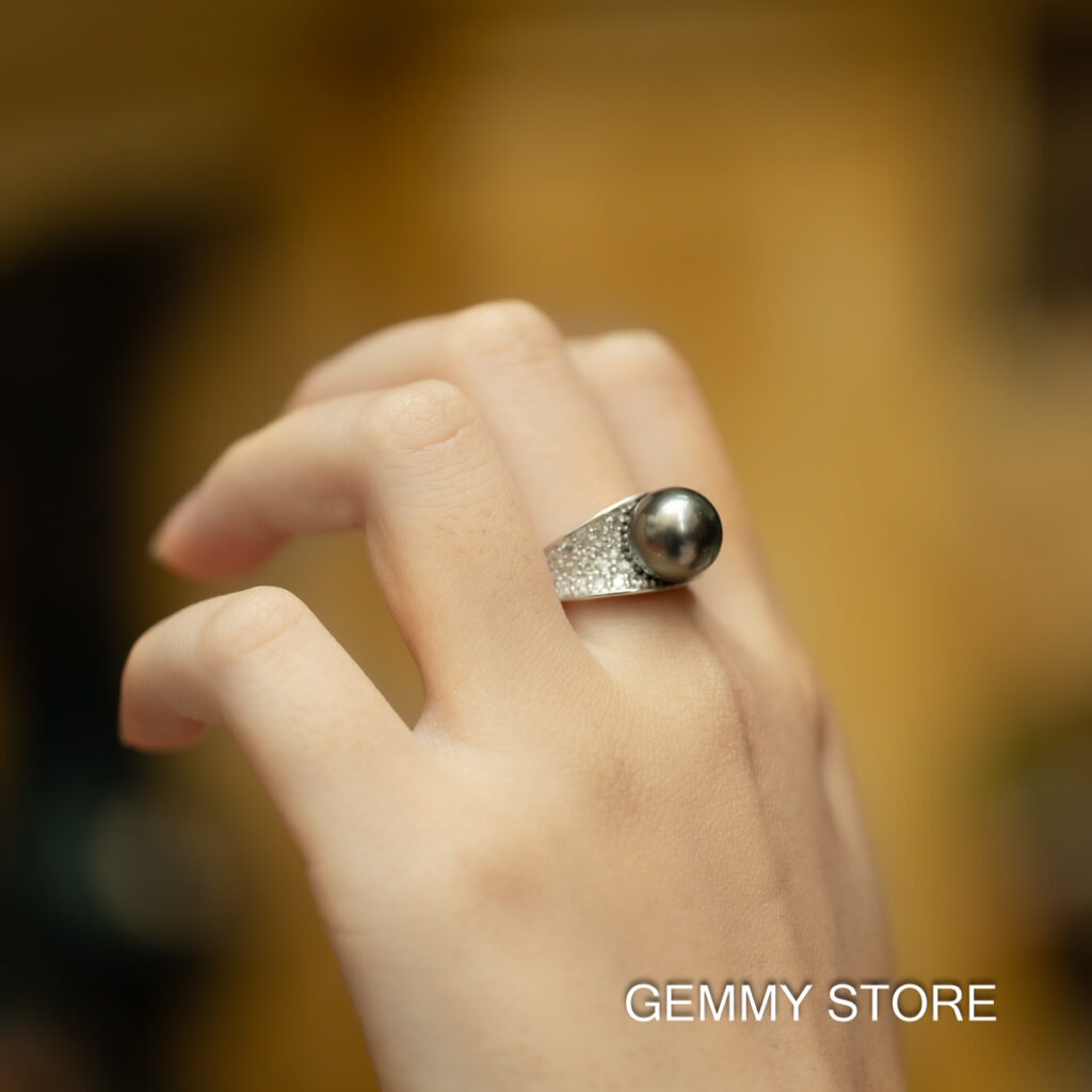 Round Black Tahitian Pearl Ring S925 10.5mm SR1017 - Image 2