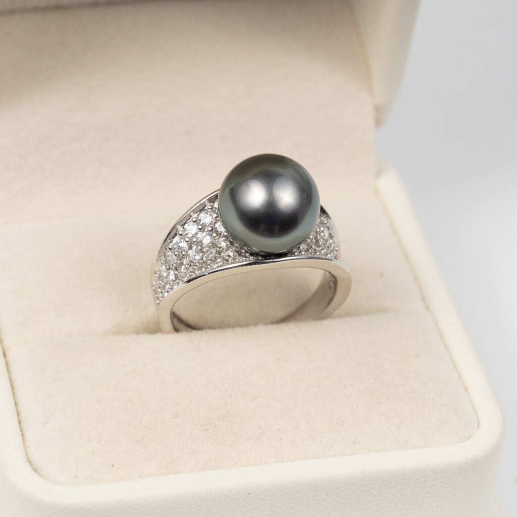 Round Black Tahitian Pearl Ring S925 10.5mm SR1017