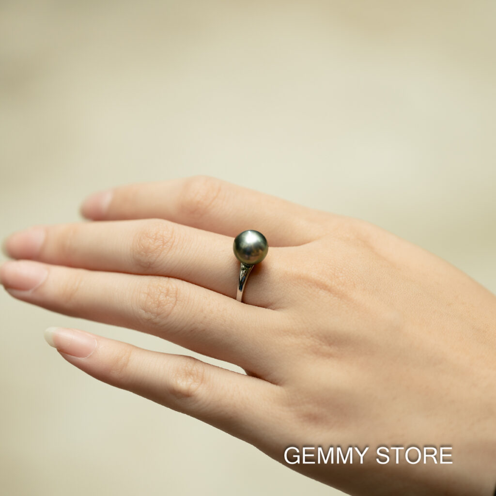 Round Black Tahitian Pearl Ring S925 9.5mm SR1018 - Image 2