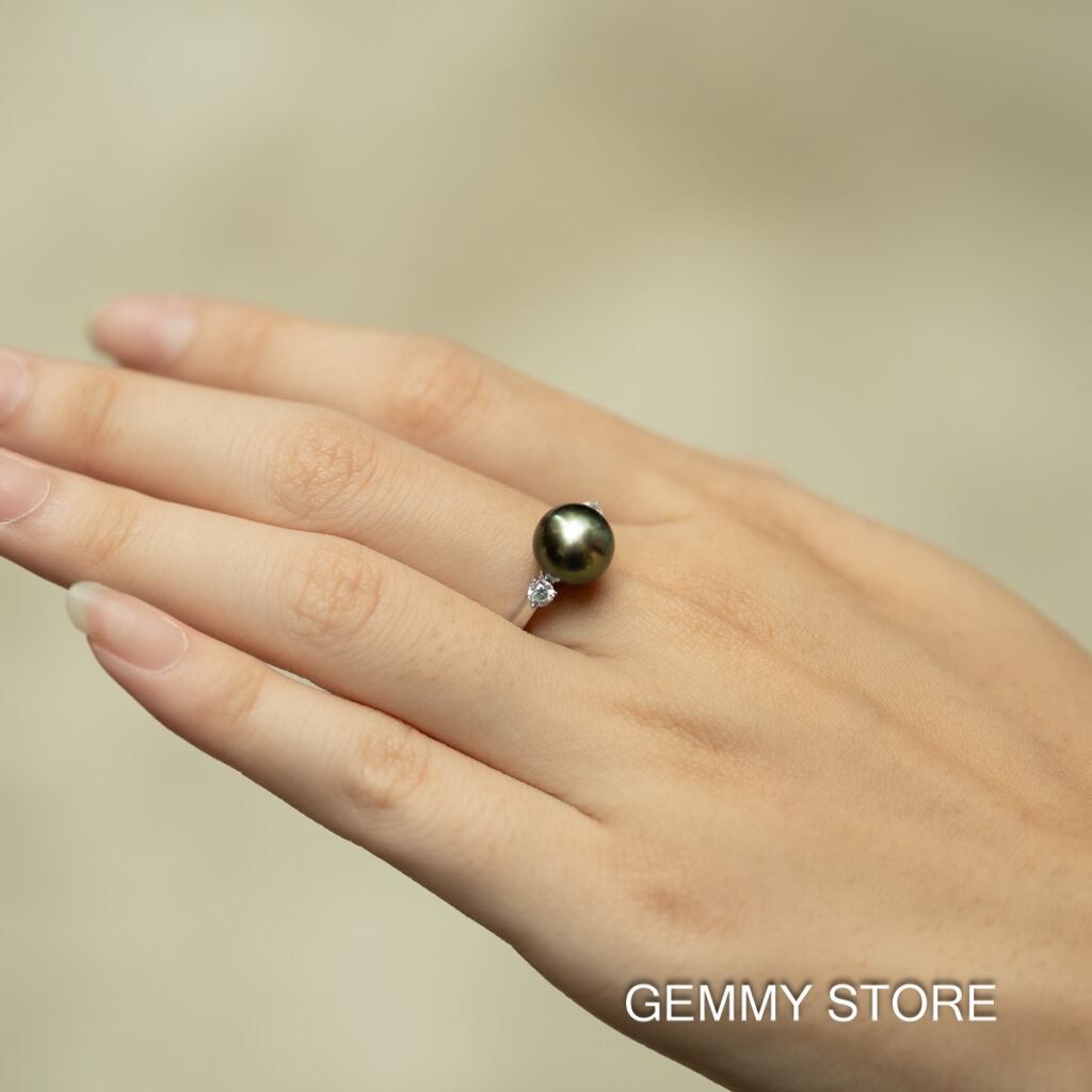 Round Black Tahitian Pearl Ring S925 9.5mm SR1020 - Image 2