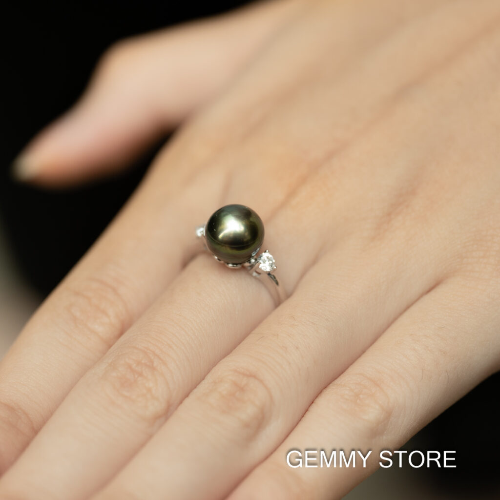 Round Black Tahitian Pearl Ring S925 9.5mm SR1020 - Image 3