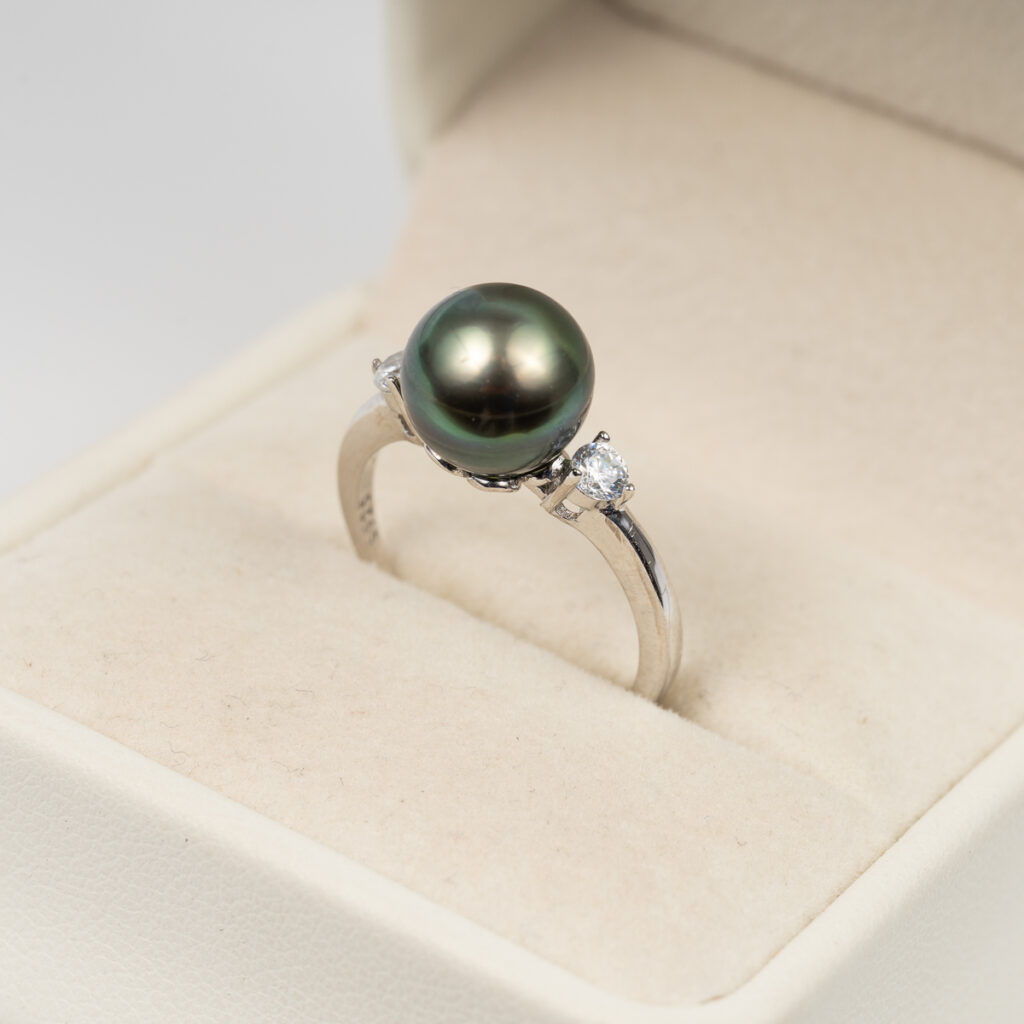 Round Black Tahitian Pearl Ring S925 9.5mm SR1020
