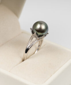 Nhẫn Ngọc Trai Tahiti Đen Tròn S925 Vương Miện 10mm SR1024