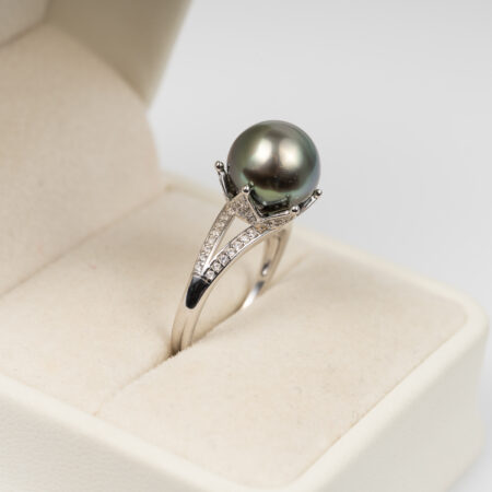 Nhẫn Ngọc Trai Tahiti Đen Tròn S925 Vương Miện 10mm SR1024